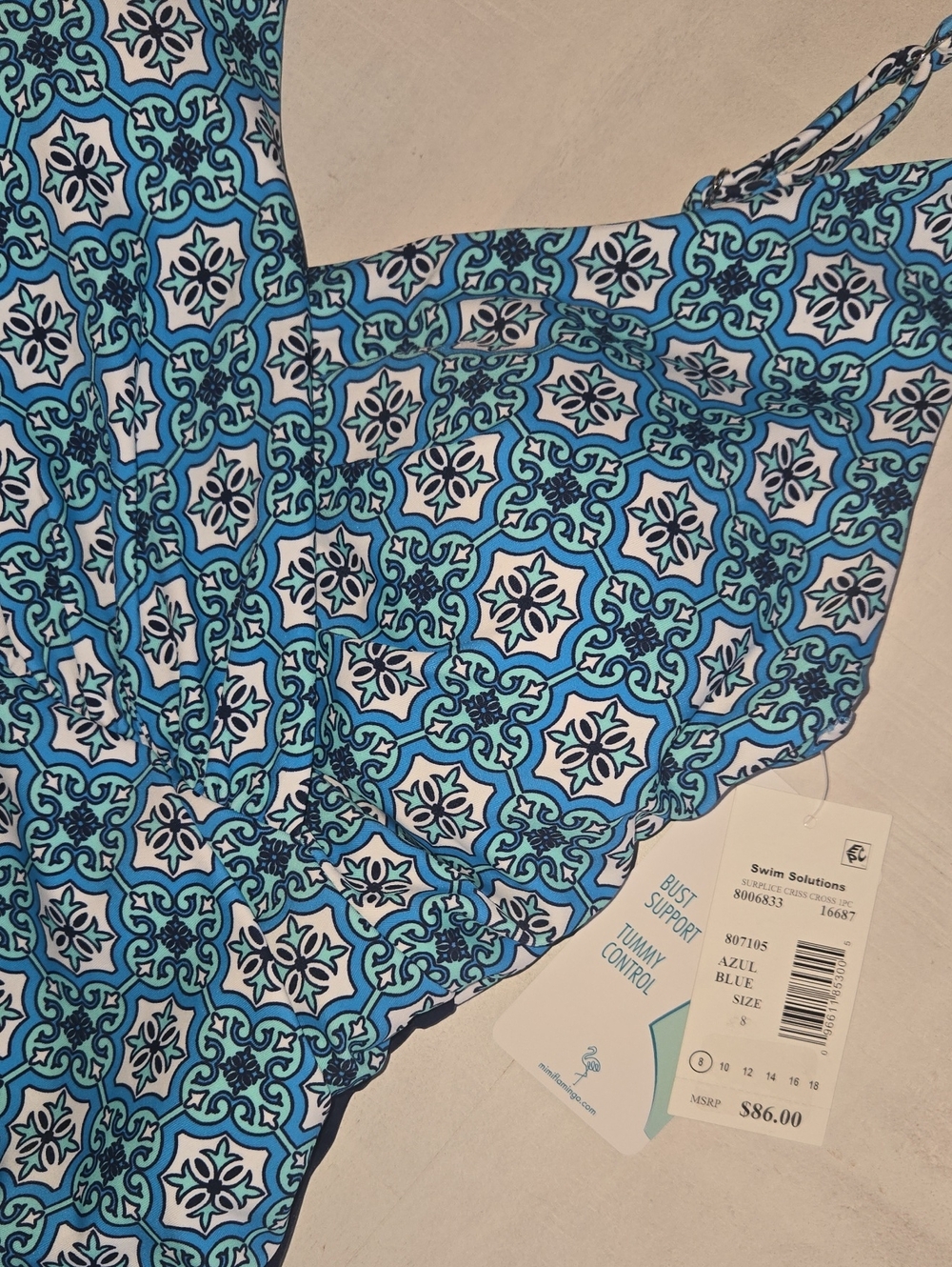 SWIM SOLUTIONS Blue Tile-Print One-Piece Swimsuit Tummy Control Bust Support NWT - Picture 2 of 6